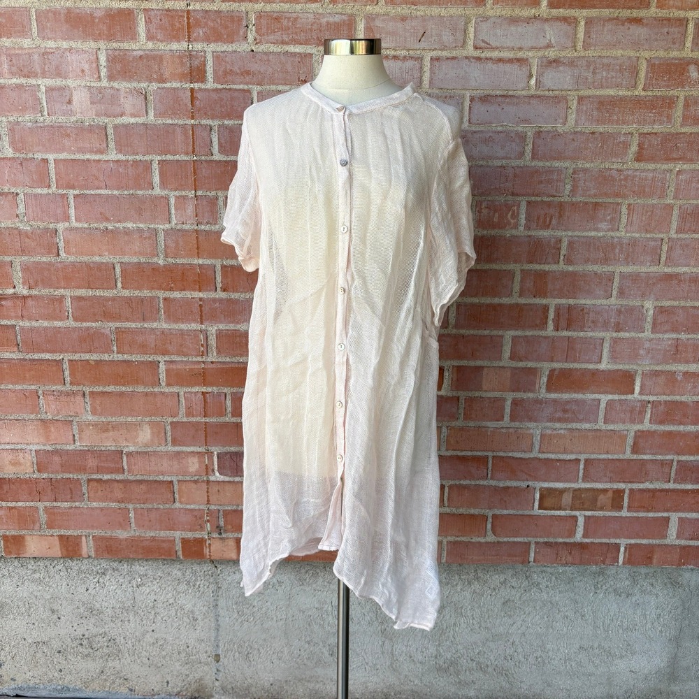 Eileen Fisher Woman 3X Pale Pink Organic Linen Mesh Button Front Tunic‎ Top